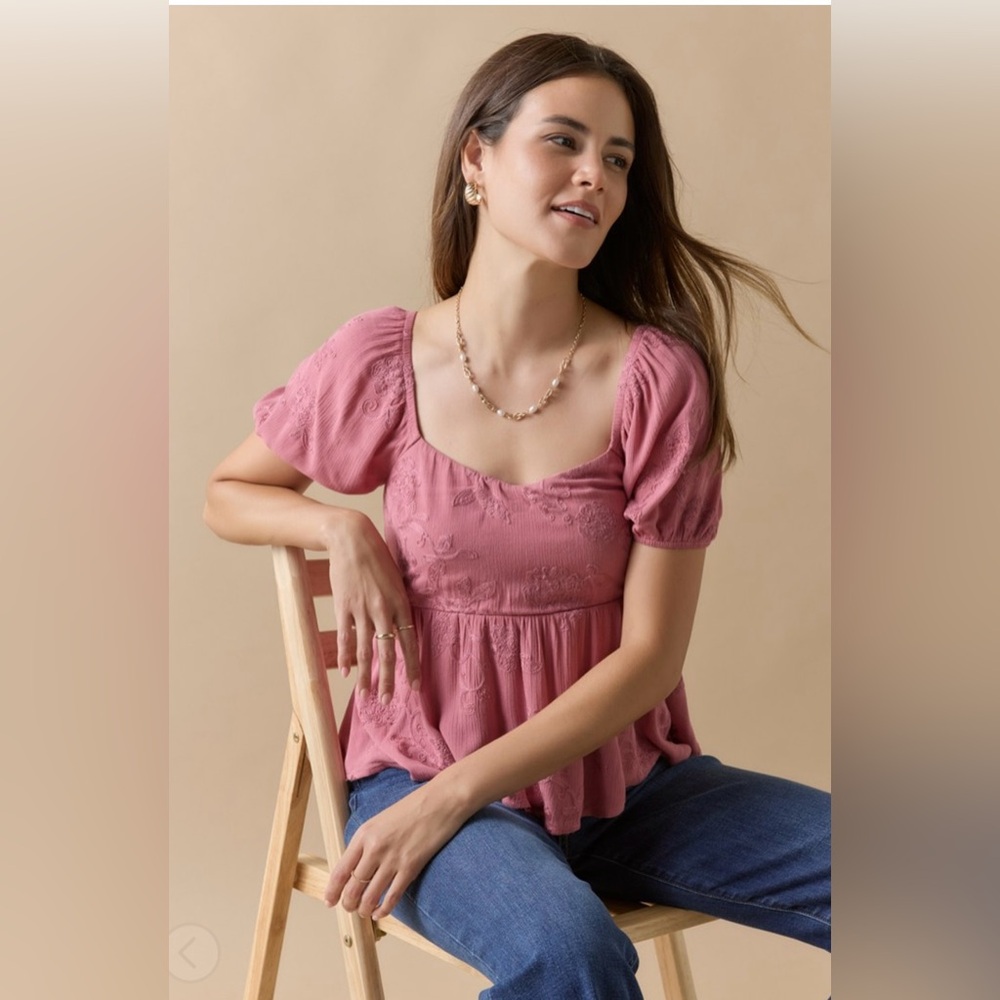 Francescas | Pink Embroidery Peasant Top